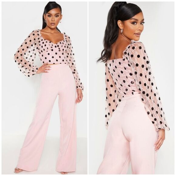 NWT PrettyLittleThing Women's Size 4 Lace Polka Dot Cropped Blouse Pink - Picture 1 of 15